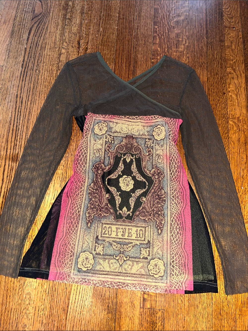ANAC | Black Sheer Long Sleeve Top with Pink Decorative Front Panel